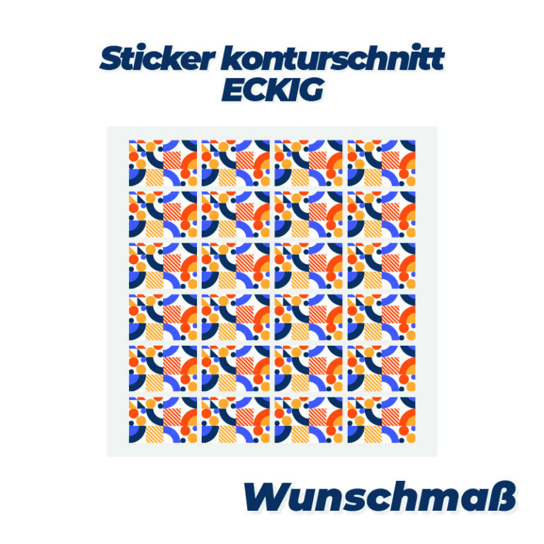 Eckige Sticker mit Konturschnitt – Maßgeschneiderte Sticker im freien Format, präzise geschnitten und mit optionaler Laminierung.
